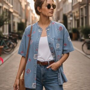 Vintage Floral Button Up Women’s Shirt Denim Bohemian Short Sleeve Size